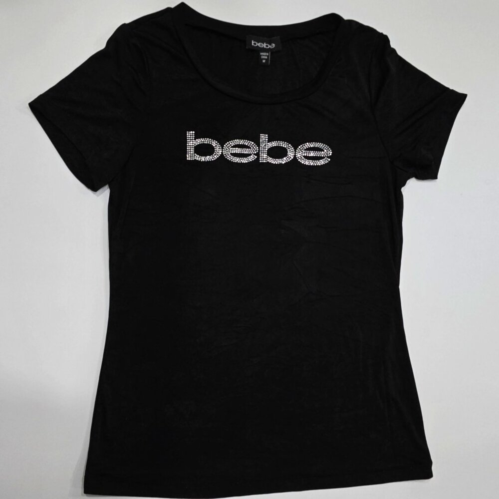 Bebe ✦ Black Rhinestone Logo Tee ✦ Short Sleeve Fitted Stretch Soft Y2K Sz M - Picture 4 of 9